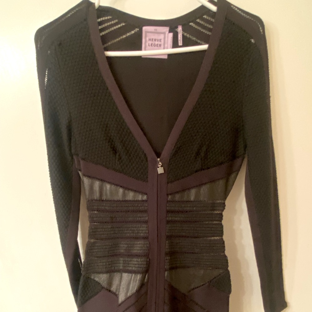 Herve Leger Leather Beaded Long Sleeve Dress